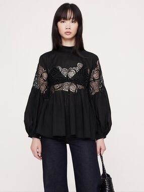 Banana Republic Cotton & Lace Mock-Neck Top Black NWT